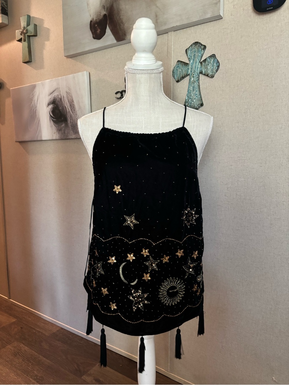 Anthropologie Black Velvet Celestial Embroidered Tassel Top